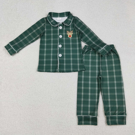 BLP0545 Embroidery Baby Boys Christmas Checkered Deer Buttons Top Pants Pajamas Sets D 926