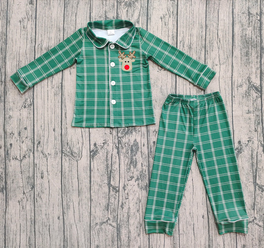 presale BLP0545 Christmas Reindeer Green Plaid Long Sleeve Long Pants Pajama Set D 8.7