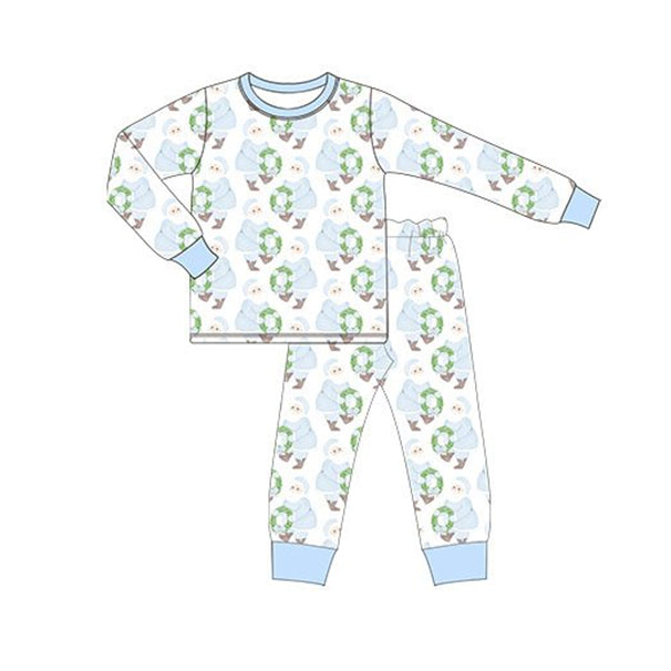 presale BLP0548 Blue Santa Wreath Long Sleeve Long Pants Pajama Set