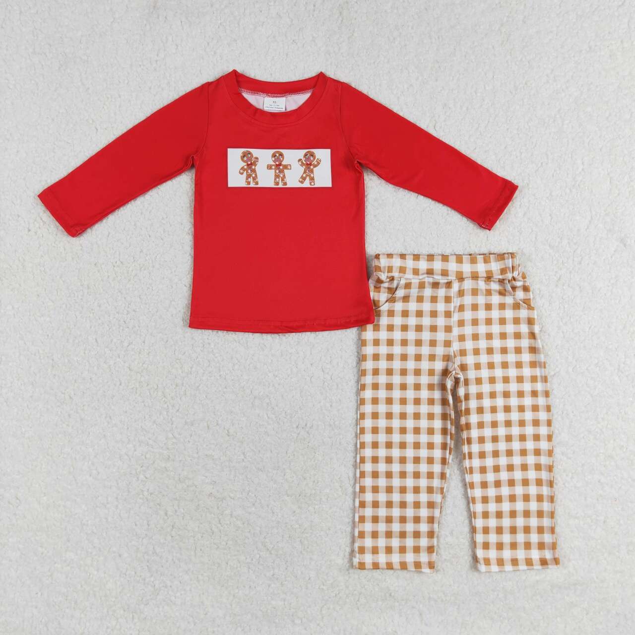 BLP0552 Gingerbread Man Red Long Sleeve Brown Plaid Trousers Suit