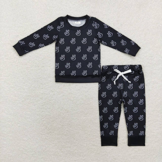 BLP0566  Hand Sign Black Long Sleeve Pant Suit