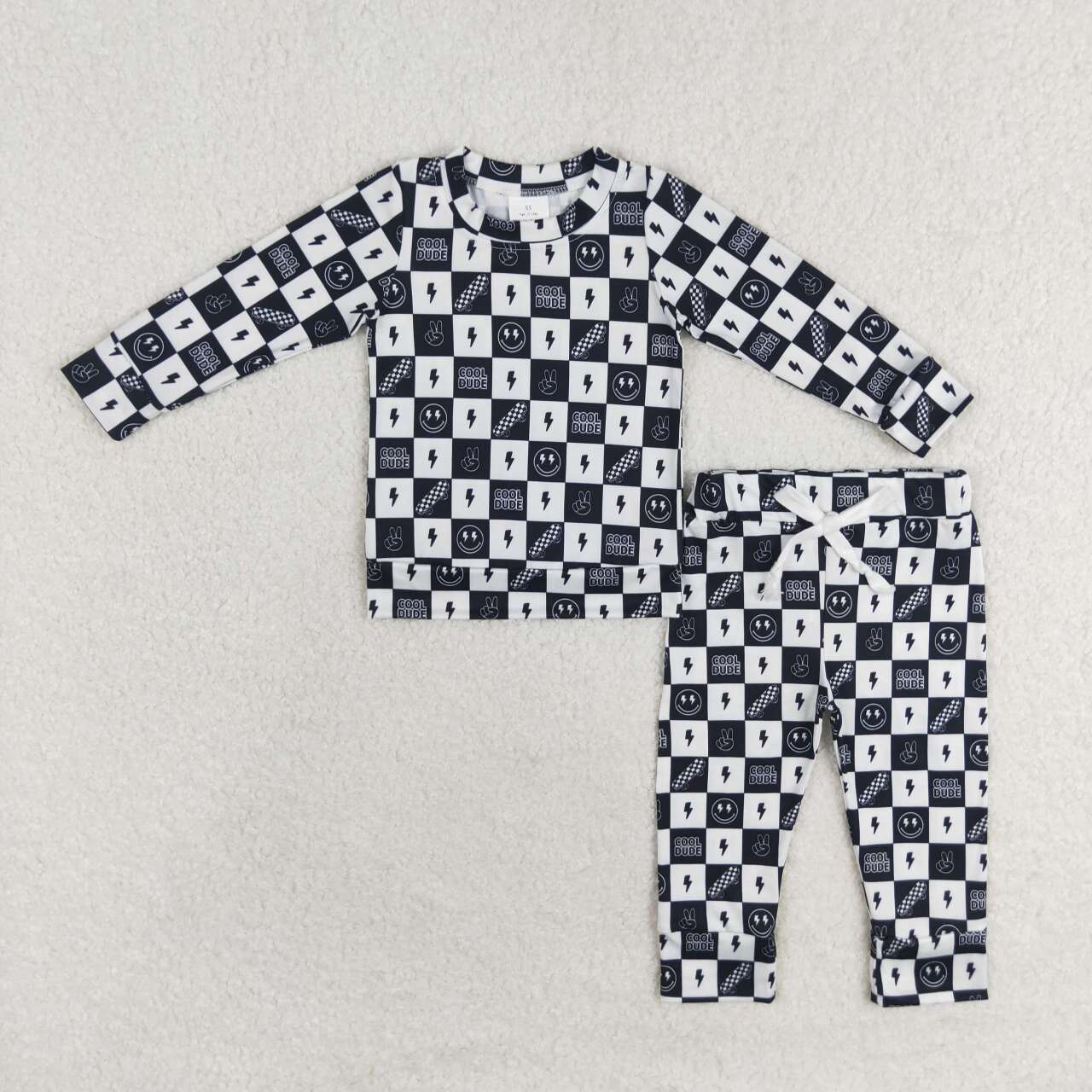 BLP0567 Smiley Skateboard Lightning Black and White Plaid Long Sleeve Pants Suit