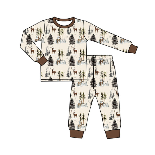 presale BLP0569 Deer Pine Tree Long Sleeve Long Pants Pajama Set