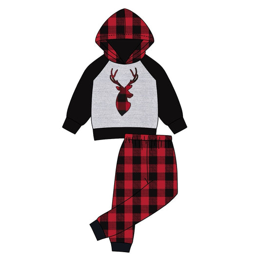 presale BLP0579 Christmas Reindeer Red and Black Plaid Hooded Long Sleeve Pants Suit