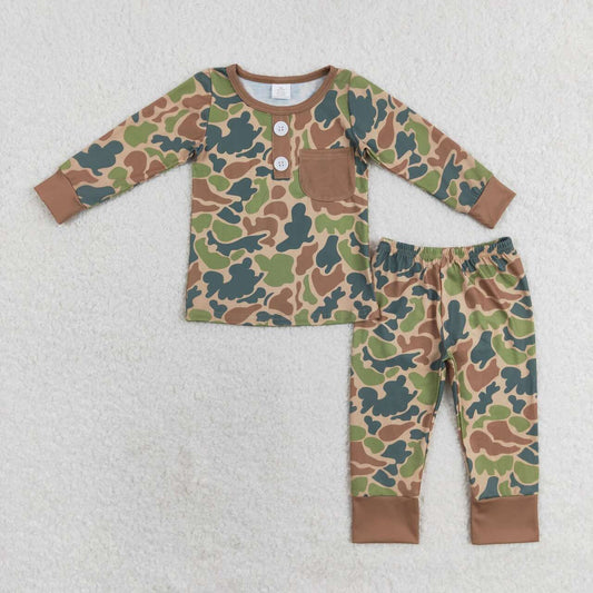 BLP0580 Bamboo Brown and Green Camouflage Pocket Long Sleeve Long Pants Pajama Set