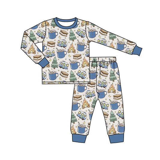 presale BLP0586 Christmas Tree Fireplace Blue Trim Long Sleeve Long Pants Pajama Set