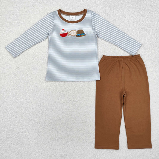 BLP0590 Fishing hat striped long sleeve brown trousers suit