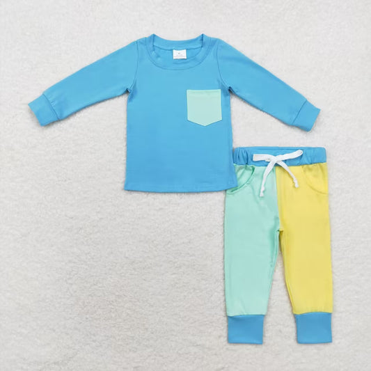 BLP0596 Pocket blue long-sleeved yellow green patchwork trousers suit