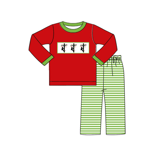 presale BLP0597 Christmas Electric Line Maintenance Worker Red Long Sleeve Green Striped Trousers Suit