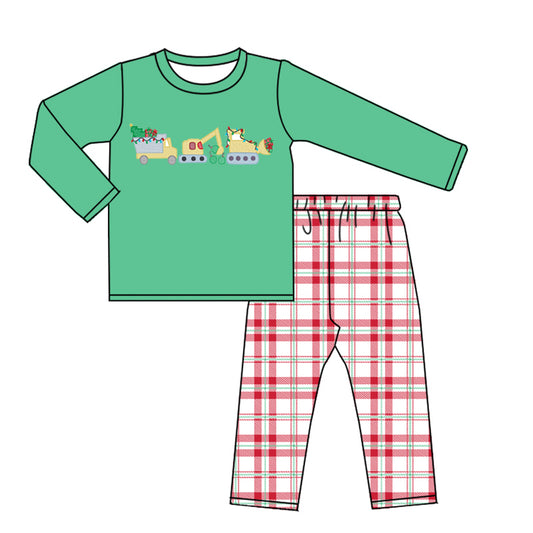 presale BLP0598 Christmas Tree Truck Construction Vehicle Green Long Sleeve Red Plaid Trousers Suit