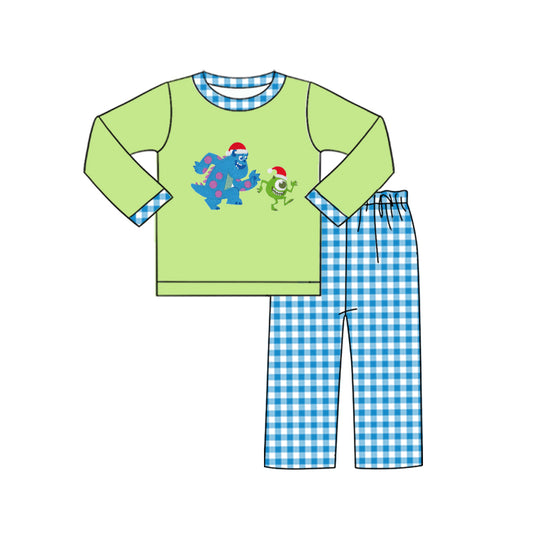 presale BLP0602 Christmas Cartoon Monsters University Green Long Sleeve Blue Plaid Pants Suit