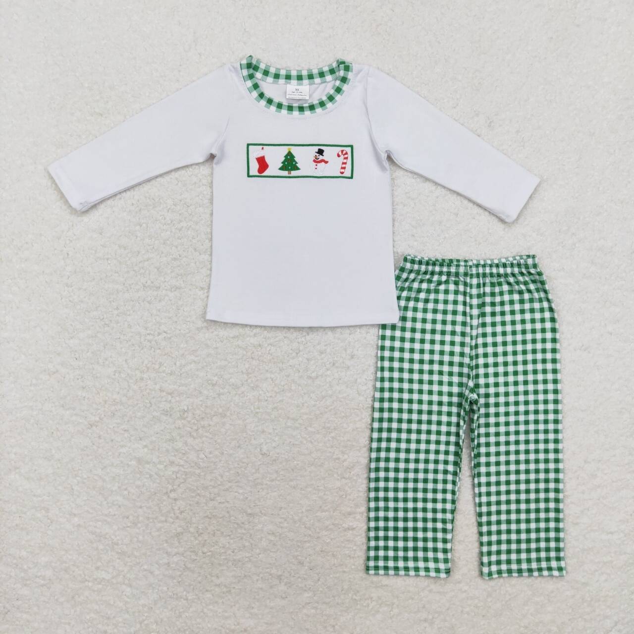 BLP0603 Christmas Tree Snowman Cane White Long Sleeve Green Plaid Trousers Suit