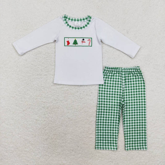 BLP0603 Christmas Tree Snowman Cane White Long Sleeve Green Plaid Trousers Suit