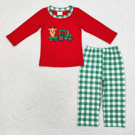 BLP0611 Christmas Reindeer Truck Red Long Sleeve Green Plaid Trousers Suit