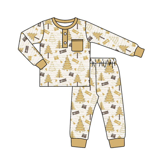 presale BLP0614 Christmas Tree Letters Gold Pocket Long Sleeve Long Pants Pajama Set