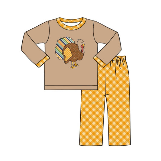presale BLP0618 Colorful Striped Turkey Brown Long Sleeve Orange Plaid Pants Set
