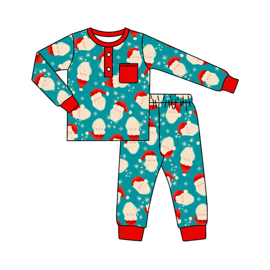 presale BLP0621 Santa Claus Snowflake Pocket Red and Blue Long Sleeve Long Pants Pajama Set