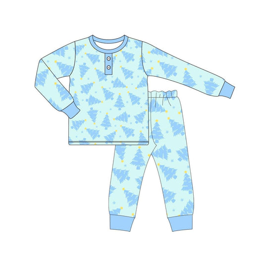 presale BLP0628 Christmas Tree Snowflake Teal Long Sleeve Long Pants Pajama Set