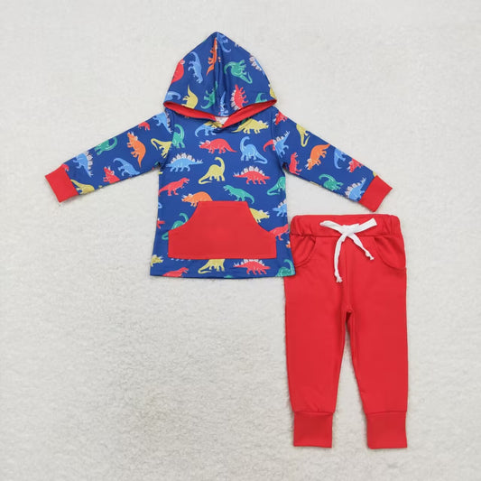 BLP0637 Dinosaur navy blue hooded long-sleeved red trousers suit