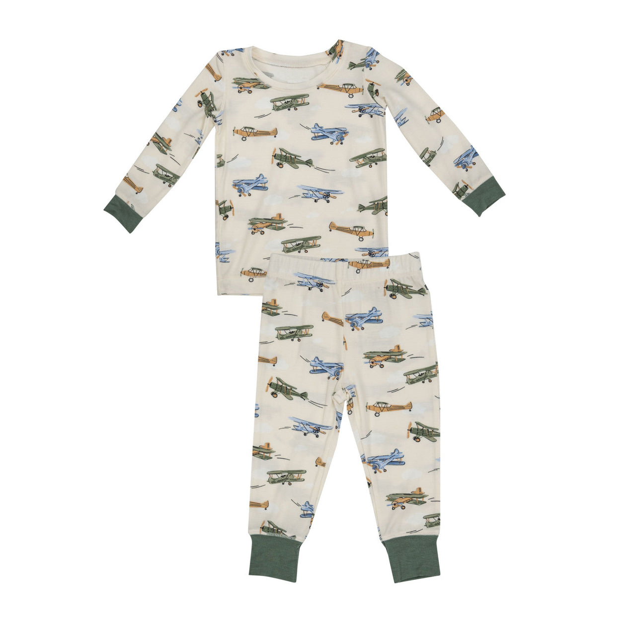 BLP0647 Bamboo  Airplane Beige Green Long Sleeve Long Pants Pajama Set