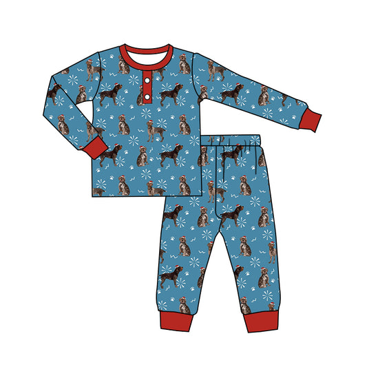 presale BLP0652 Christmas hat puppy paw print snowflake red and blue long sleeve long pants pajama set