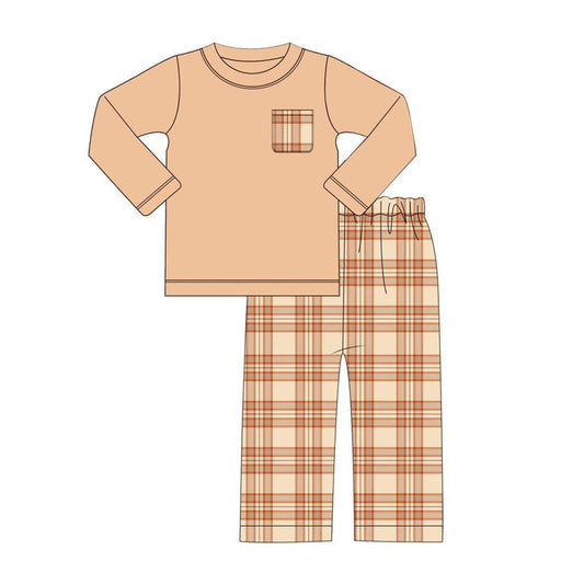 presale BLP0658 Plaid Pocket Light Orange Long Sleeve Pants Set