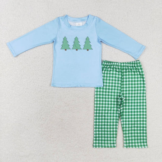 BLP0659 Christmas Tree Blue Long Sleeve Green Plaid Pants Suit