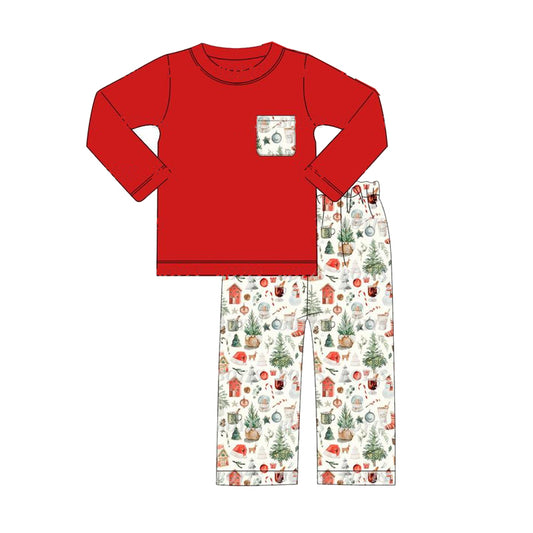 presale BLP0660 Christmas Tree Snowman House Pocket Red Long Sleeve Pants Set