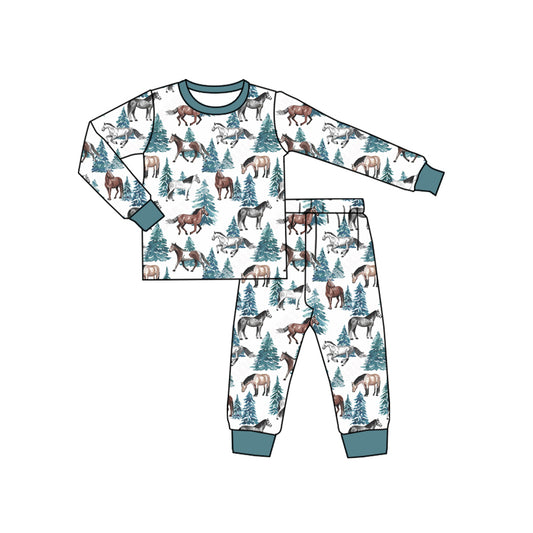 presale BLP0663 Pine Horse White Long Sleeve Long Pants Pajama Set