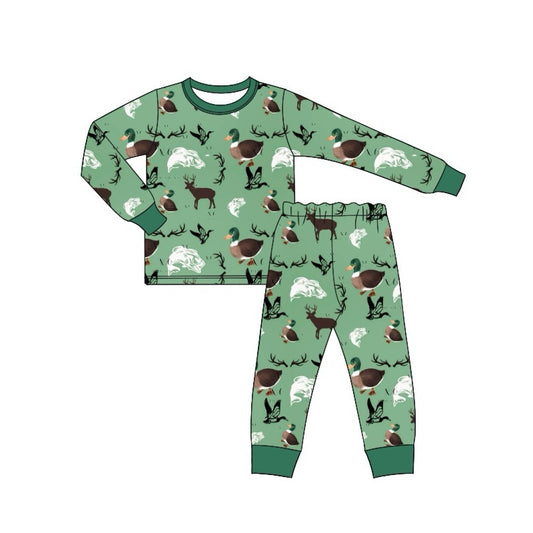 presale BLP0668 Duck Fish Elk Green Long Sleeve Long Pants Pajama Set
