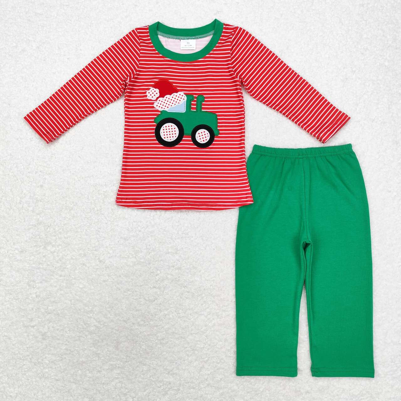 BLP0679 Santa hat tractor stripes red long sleeve green trousers suit