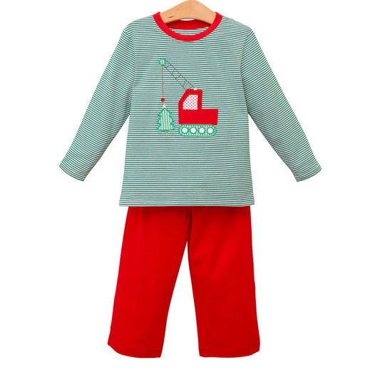 presale BLP0680 Christmas Tree Engineering Truck Stripe Green Long Sleeve Red Pants Suit