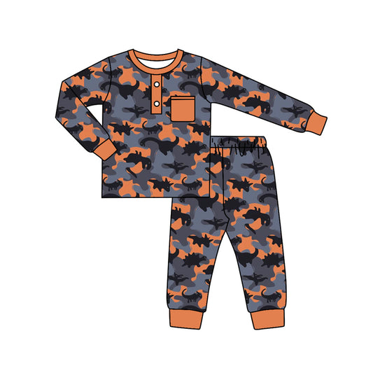 presale BLP0682 Pocket Dinosaur Blue and Orange Camouflage Long Sleeve Long Pants Pajama Set