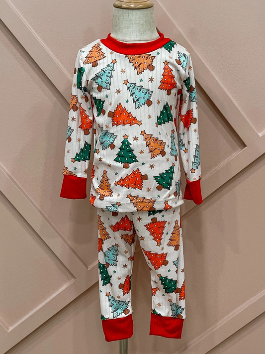presale BLP0686 Christmas Tree Star White Long Sleeve Long Pants Pajama Set