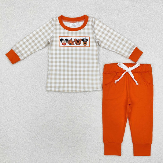 BLP0696 Maple Leaf Jack-O'-Lantern Plaid Long Sleeve Orange Pants Set