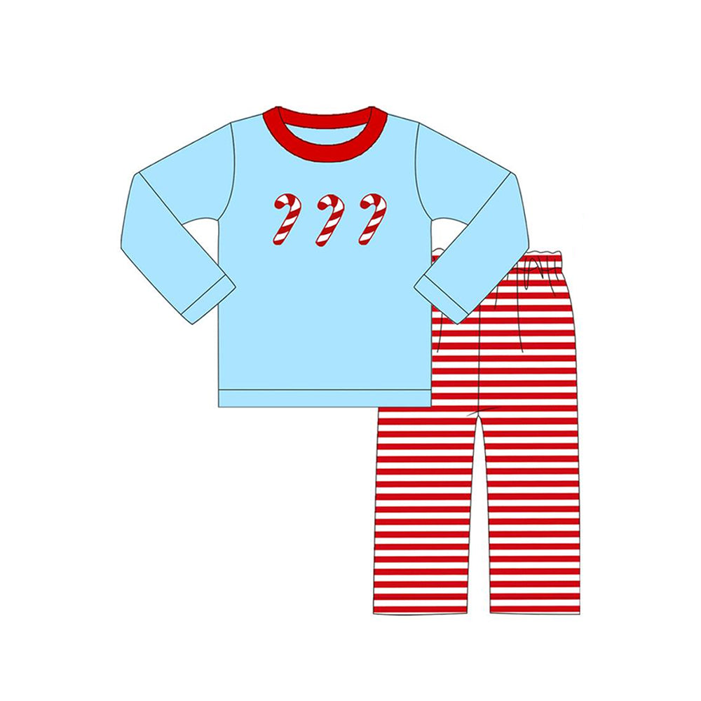 presale BLP0697  Christmas Cane Blue Long Sleeve Red Striped Pants Suit 2024.7.12