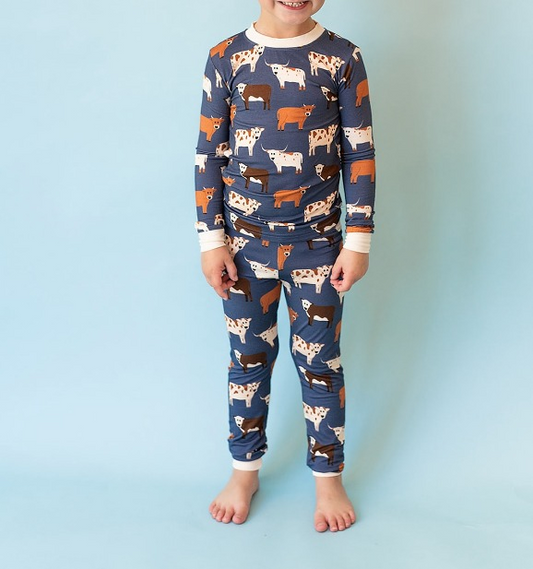 presale BLP0703 Cow navy blue long-sleeved trousers pajamas set