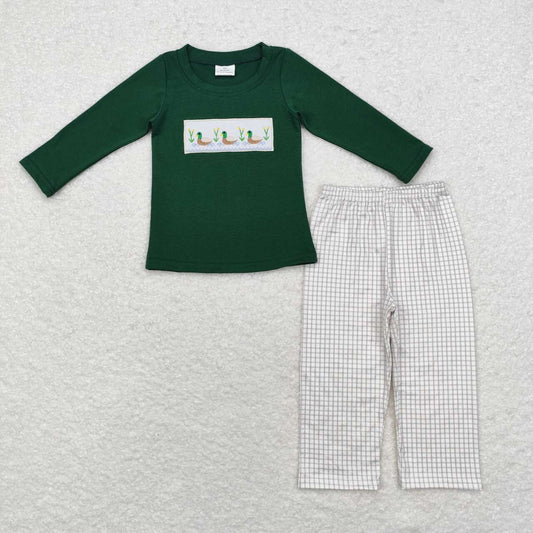 BLP0717 Embroidered Duck Green Long Sleeve Plaid Trousers Set