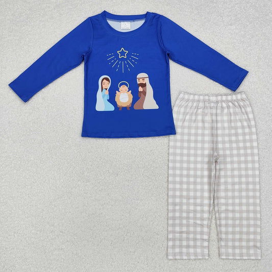 BLP0723 Jesus Blue Long Sleeve Plaid Pants Suit