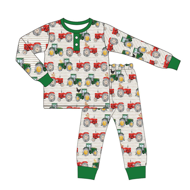 BLP0725 bamboo Tractor Stripe Green Hemming Long Sleeve Long Pants Pajama Set  2024 7.17