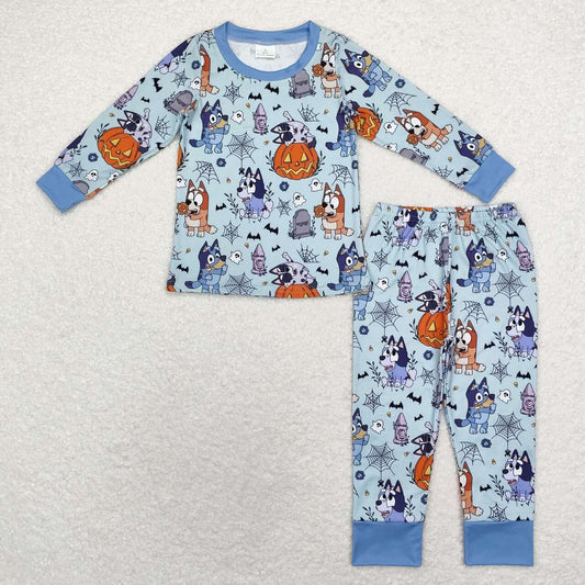 BLP0726  Halloween Spider Web Blue Long Sleeve Long Pants Pajama Set