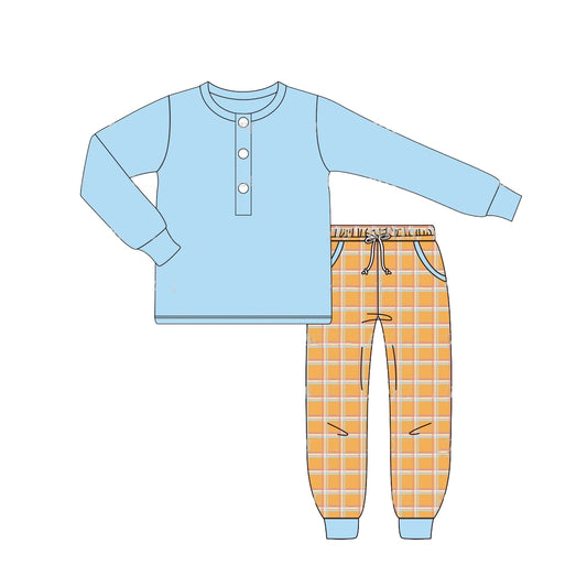 presale BLP0738  Solid blue long-sleeved orange plaid trousers suit   2024 7.19