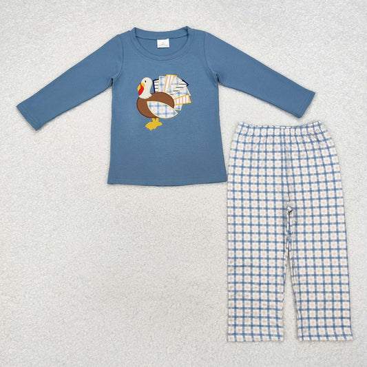 BLP0742  Turkey Haze Blue Long Sleeve Plaid Trousers Suit