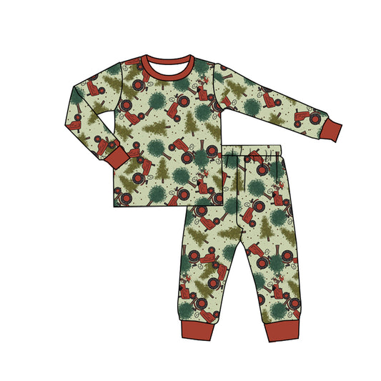 presale BLP0744  Christmas Tree Tractor Red and Green Long Sleeve Long Pants Pajama Set 2024 7.19