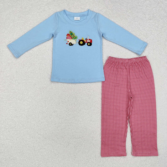 BLP0745  Christmas Tree Tractor Blue Long Sleeve Red Plaid Pants Suit