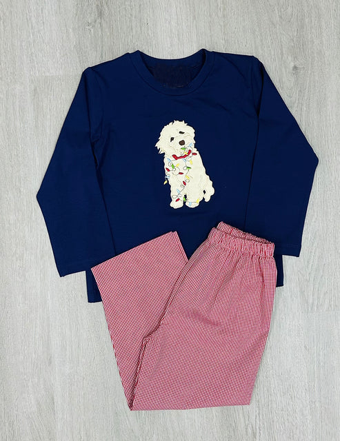 presale BLP0746 Christmas Lights Puppy Navy Blue Long Sleeve Red Plaid Pants Suit  2024 7.19