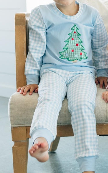 presale BLP0749 Christmas Tree Blue Plaid Long Sleeve Long Pants Pajama Set 2024 7.20