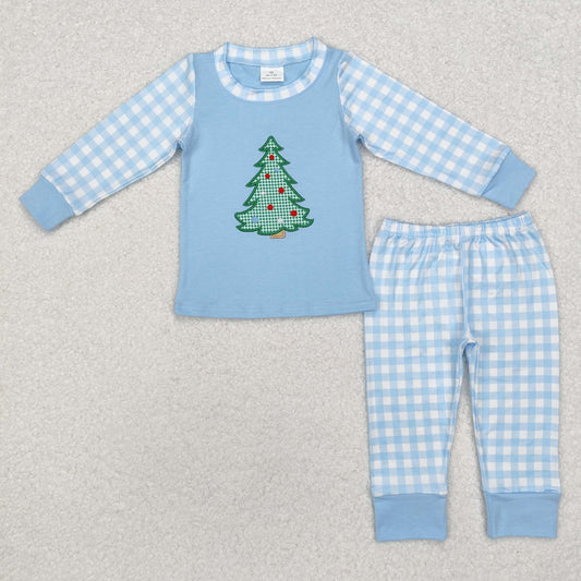 BLP0749 Christmas Tree Blue Plaid Long Sleeve Long Pants Pajama Set