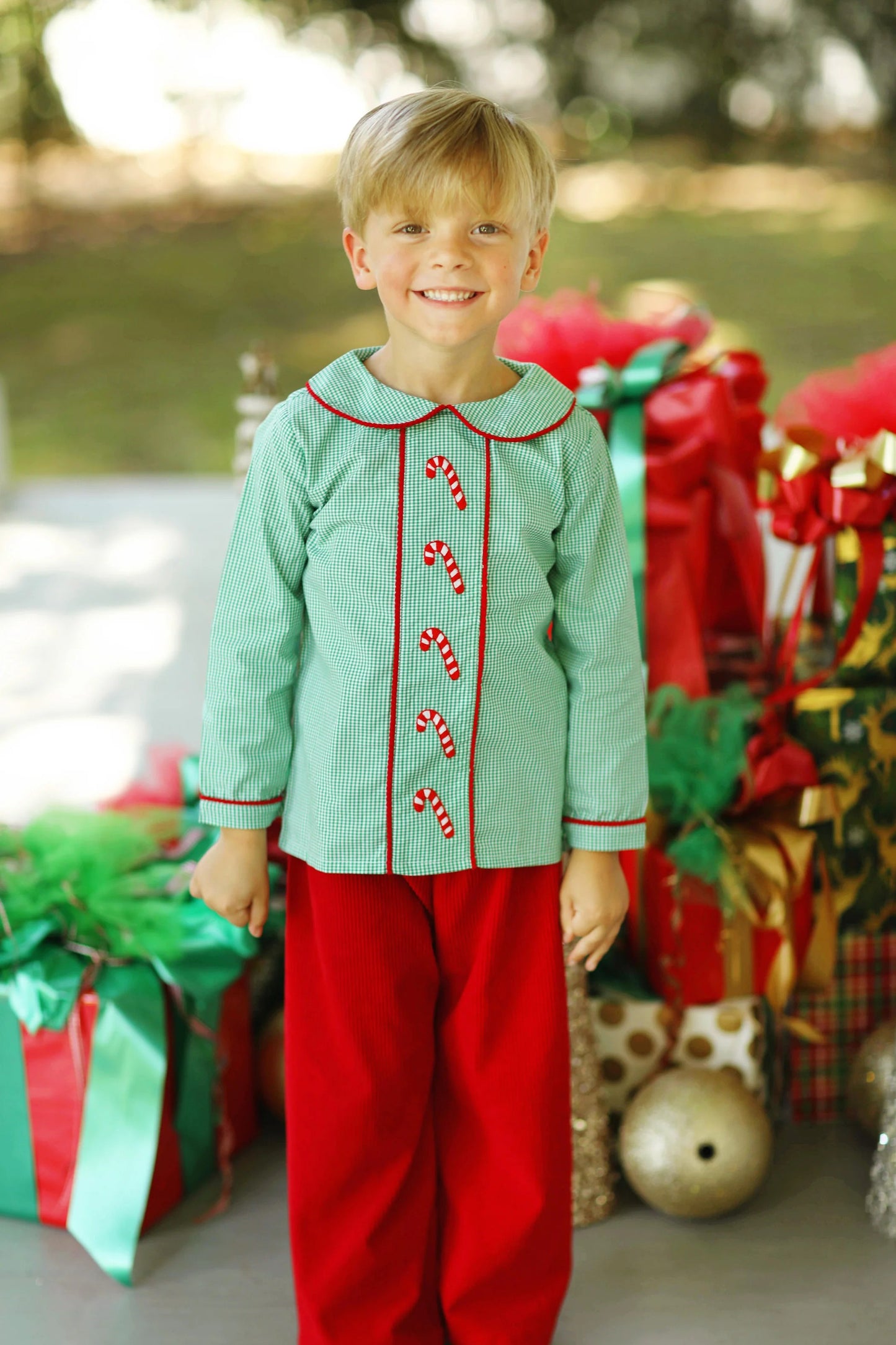 BLP0752  Christmas Cane Green Plaid Doll Collar Long Sleeve Red Pants Suit