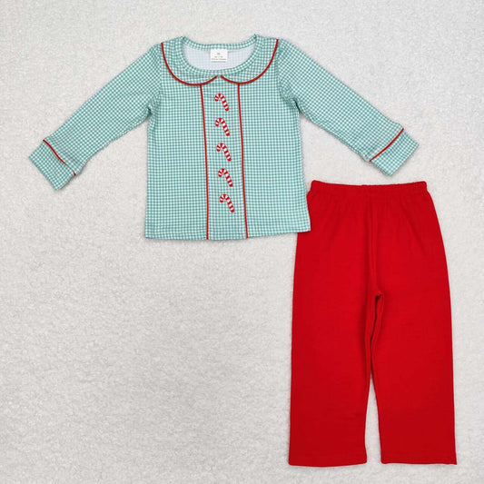 BLP0752  Christmas Cane Green Plaid Doll Collar Long Sleeve Red Pants Suit